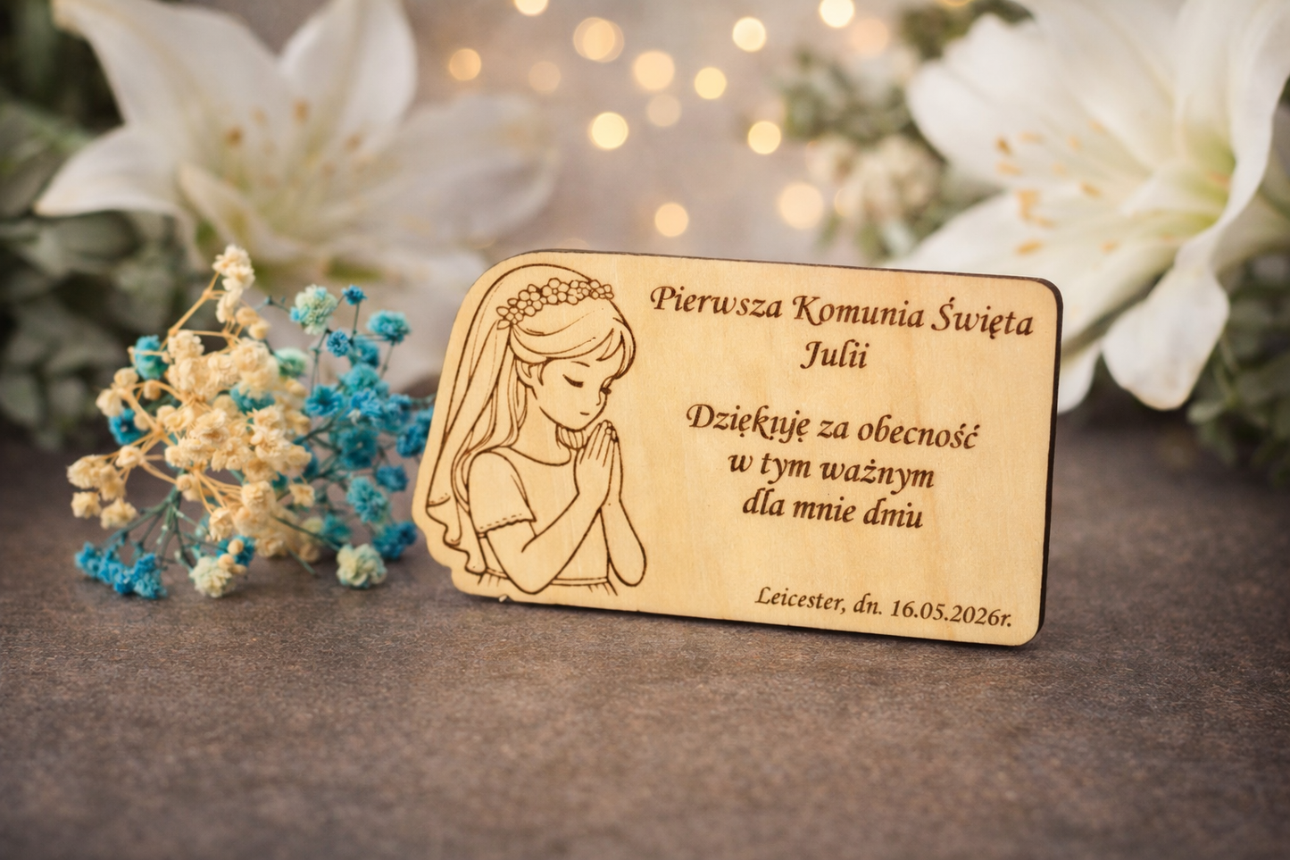 Drewniane Magnesy DZIEWCZYNKA - Podziękowanie Pierwsza Komunia Święta