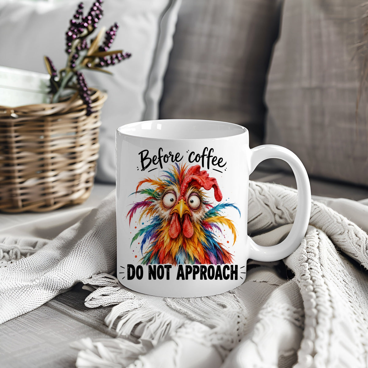 White mug with colourful rooster design and text Before Coffee Do Not Approach