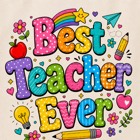 Close-up of the colourful Best Teacher Ever print on a cotton tote bag