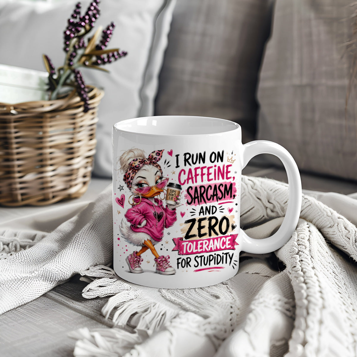White mug with duck design and text I Run On Caffeine Sarcasm And Zero Tolerance For Stupidity