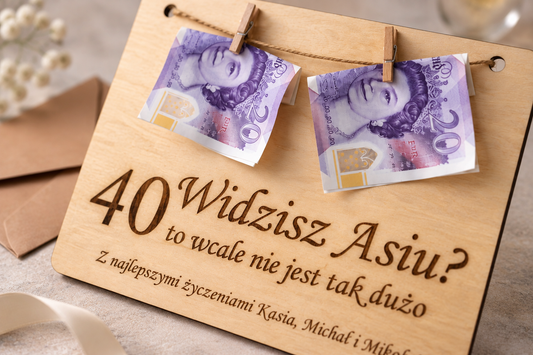 Personalizowana drewniana kartka na pieniądze na 40 urodziny
