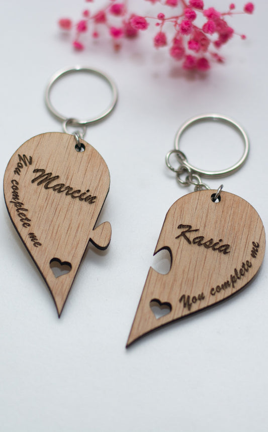 Engraved wooden heart puzzle keyring set with personalised names