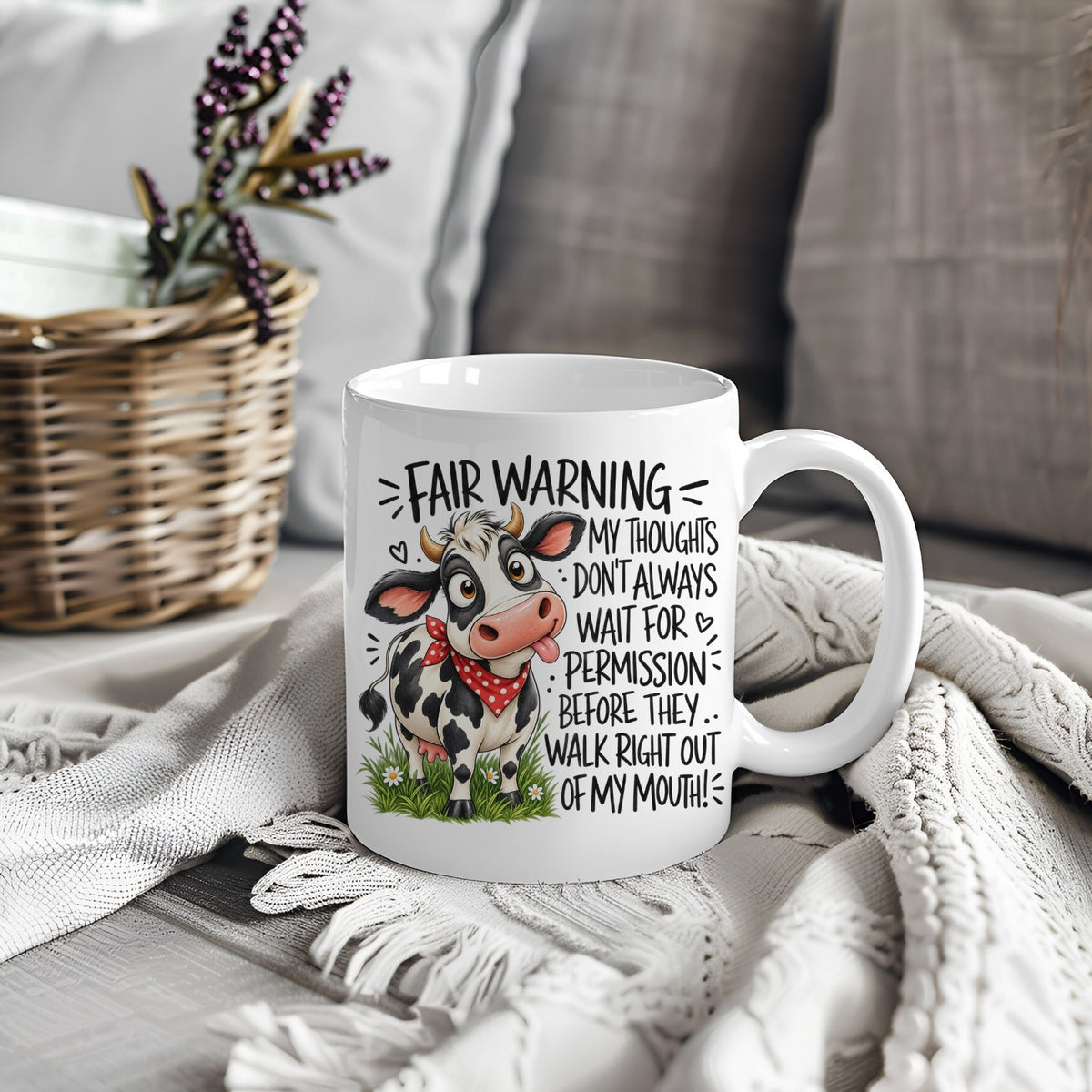 White mug with funny cow design and Fair Warning quote