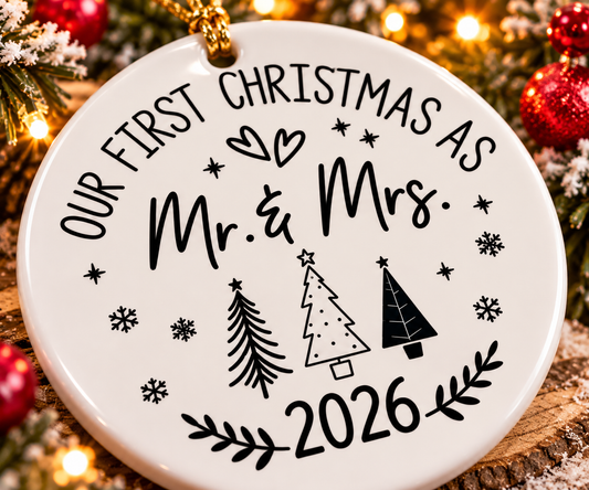Close-up of Our First Christmas as Mr and Mrs 2026 white ceramic ornament with black Christmas trees, snowflakes and elegant lettering