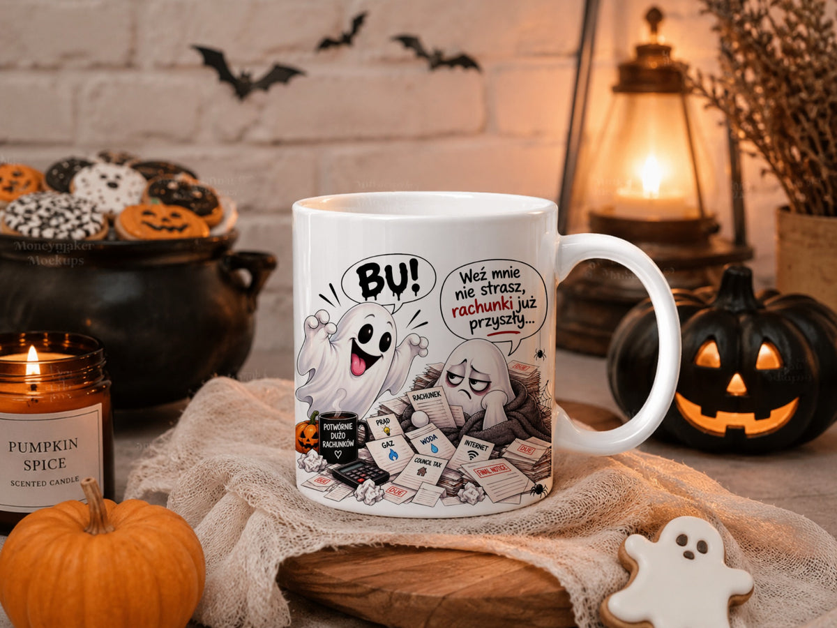 Kubek Halloween z duchami i napisem BU! Weź mnie nie strasz, rachunki już przyszły