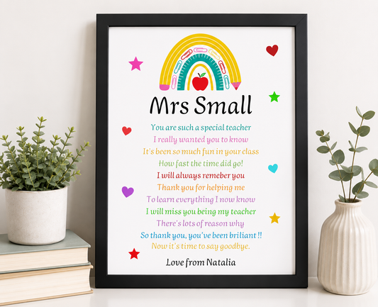 Personalised teacher thank you print in black picture frame