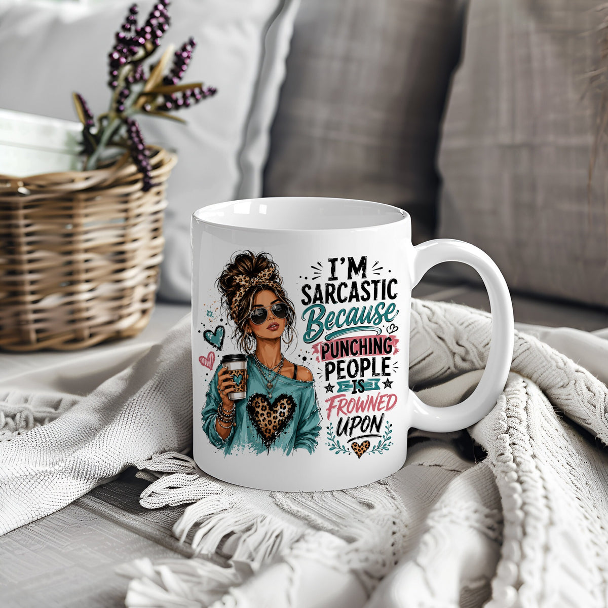 White mug with woman design and text I'm Sarcastic Because Punching People Is Frowned Upon