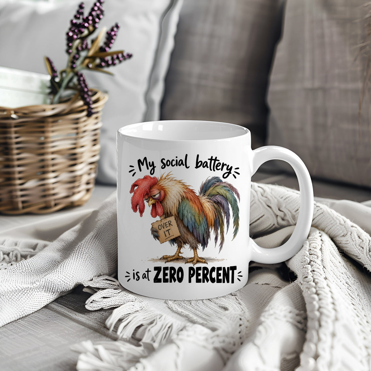 White mug with rooster design and text My Social Battery Is At Zero Percent