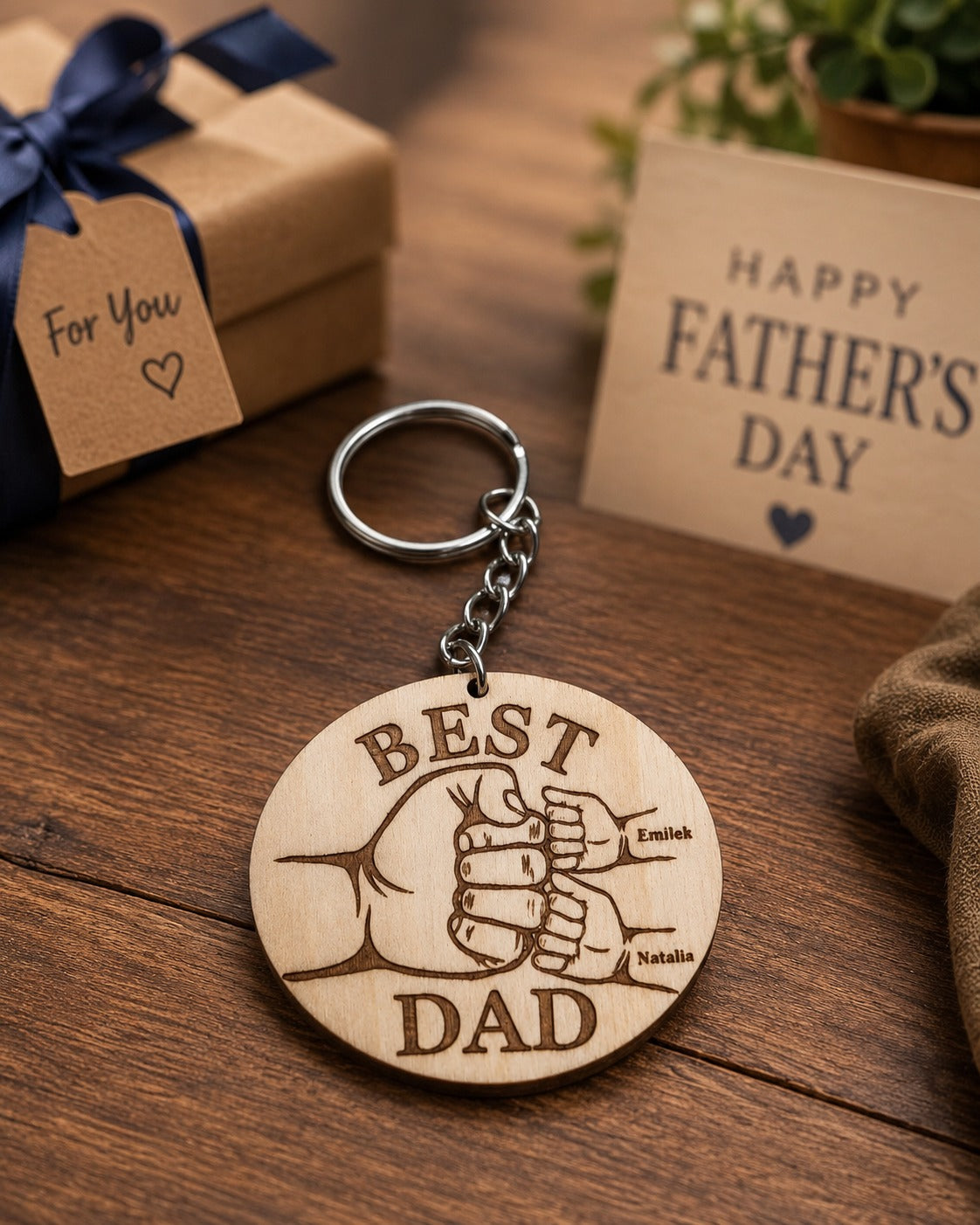 Personalizowany drewniany brelok dla Taty – Best Dad z imionami dzieci / Personalized wooden Best Dad Keychain with Children's Names