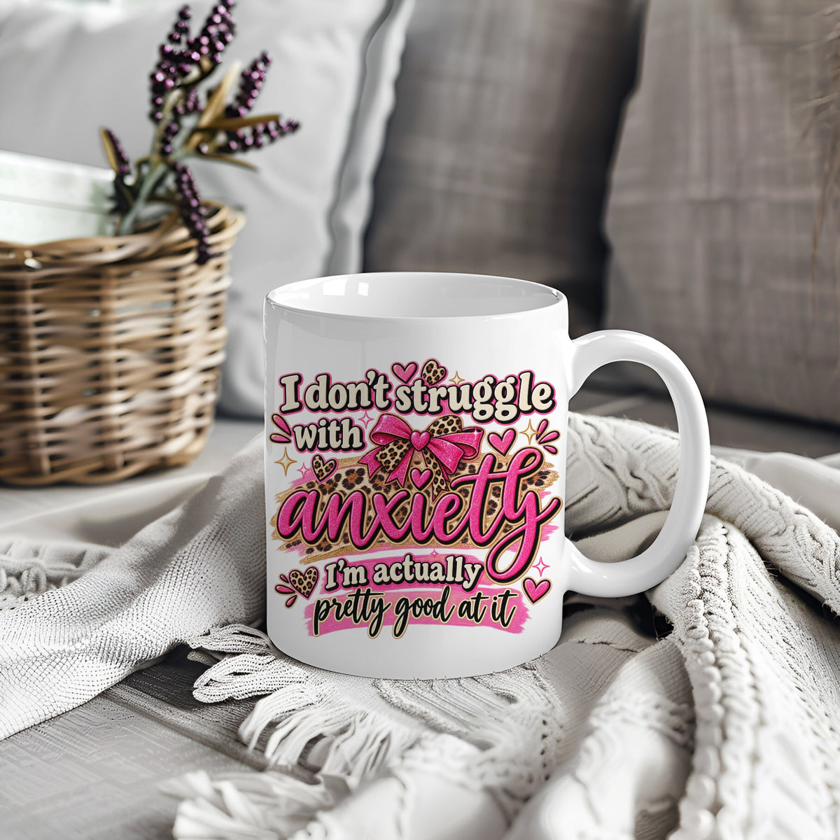 White mug with pink anxiety design and humorous quote
