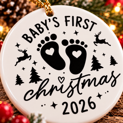 Close-up of Baby's First Christmas 2026 white ceramic ornament featuring black baby footprints with hearts, reindeer, Christmas trees and festive lettering