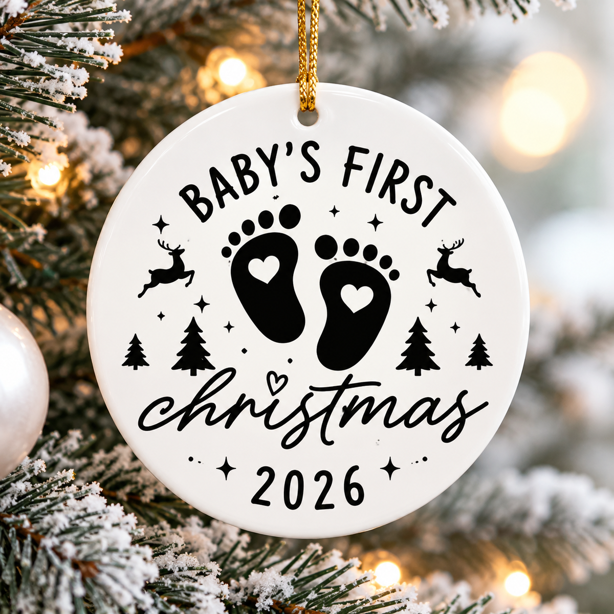Baby's First Christmas 2026 white ceramic ornament with black baby footprints, hearts, reindeer and Christmas trees hanging on a Christmas tree