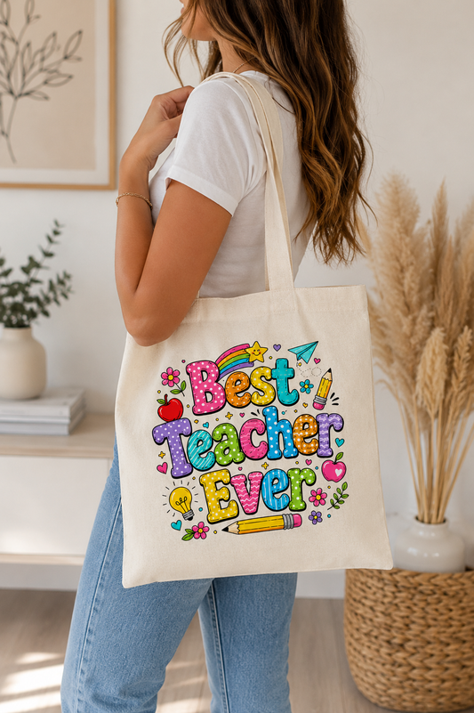 Best Teacher Ever colourful cotton tote bag with vibrant teacher-themed design