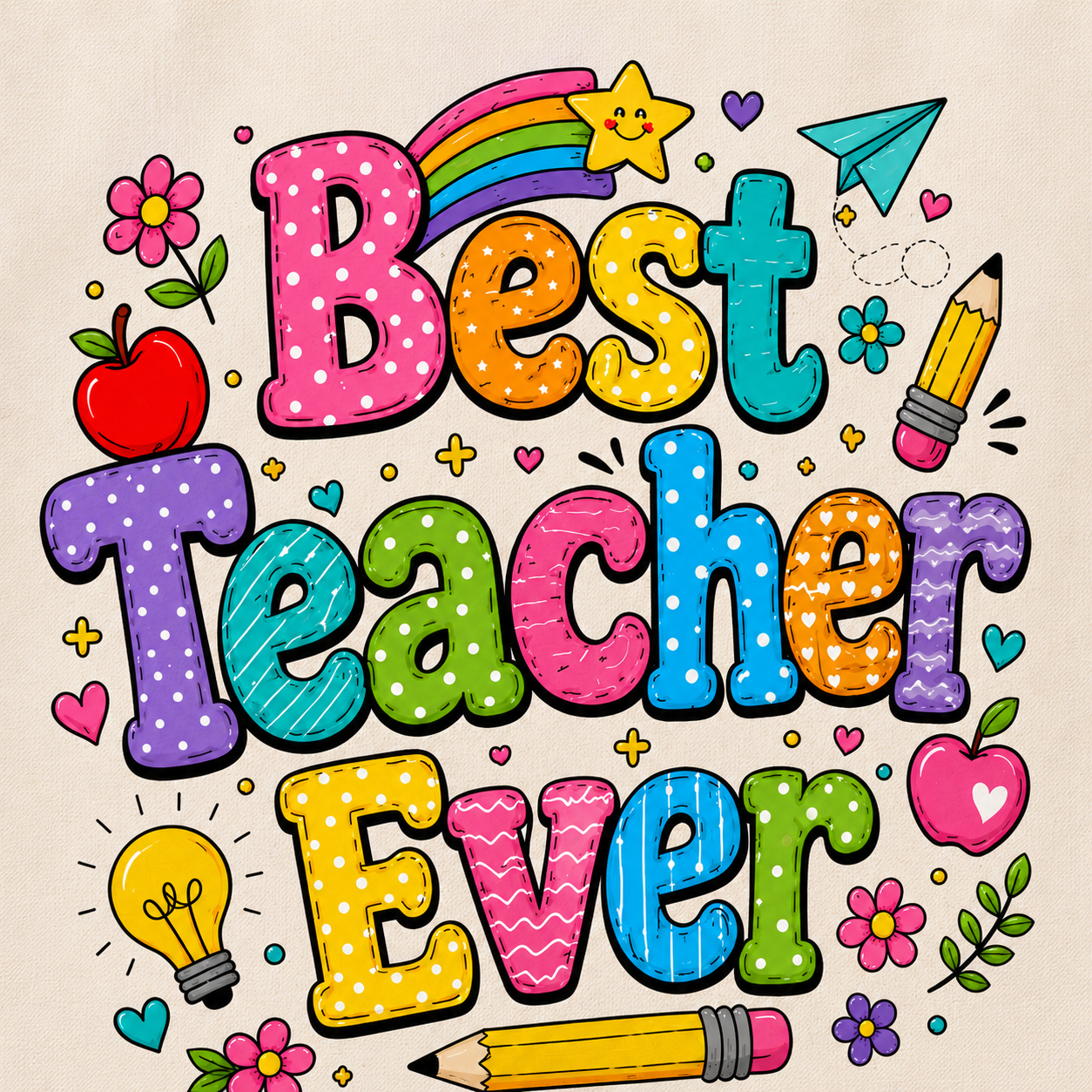 Close-up of the colourful Best Teacher Ever print on a cotton tote bag