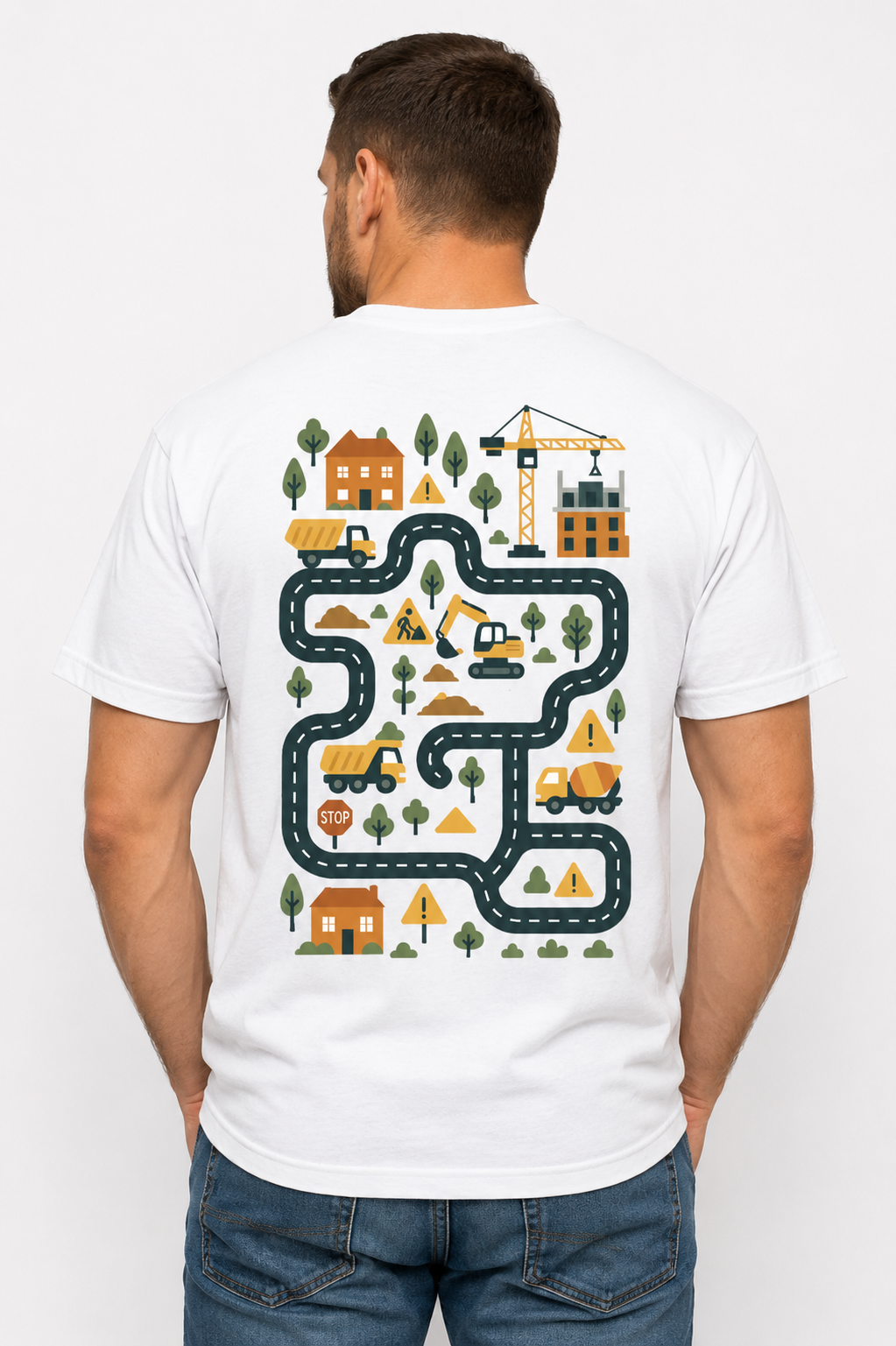 Construction site play T-shirt for dad with road and construction vehicles print