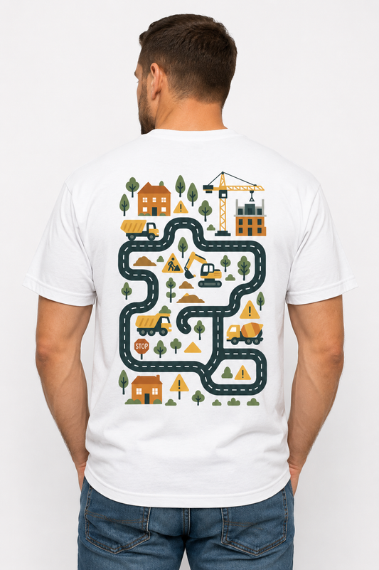 Construction site play T-shirt for dad with road and construction vehicles print