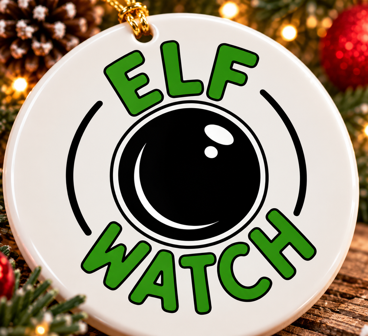 Close-up of Elf Watch white ceramic Christmas ornament featuring bright green lettering, black camera lens design and gold hanging cord