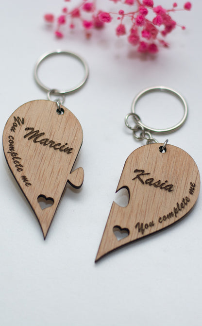 Engraved wooden heart puzzle keyring set with personalised names
