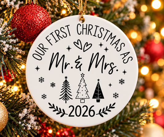White ceramic Our First Christmas as Mr and Mrs 2026 ornament with black Christmas trees, snowflakes and gold hanging cord