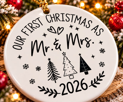 Close-up of Our First Christmas as Mr and Mrs 2026 white ceramic ornament with black Christmas trees, snowflakes and elegant lettering