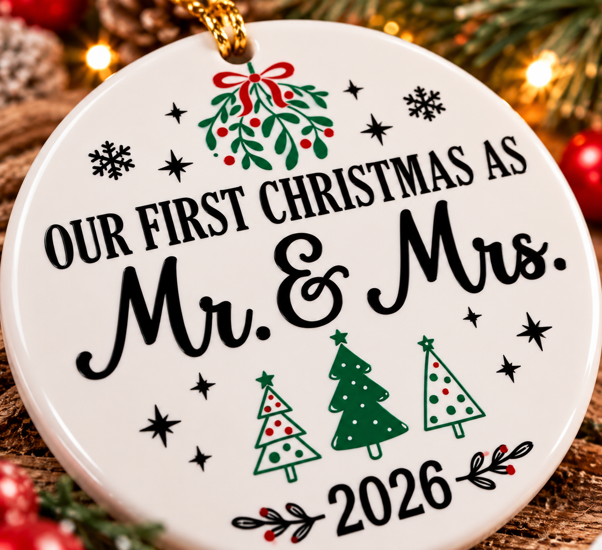Close-up of Our First Christmas as Mr and Mrs 2026 ceramic ornament featuring festive Christmas trees, mistletoe and elegant black lettering