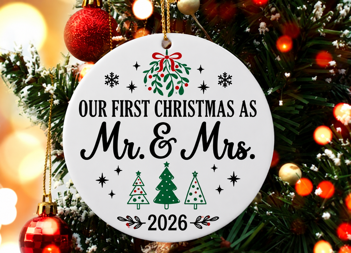 White ceramic Our First Christmas as Mr and Mrs 2026 ornament with festive Christmas trees and gold hanging cord displayed on a Christmas tree