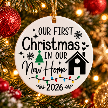 White ceramic Our First Christmas in Our New Home 2026 ornament with gold hanging cord displayed on a Christmas tree
