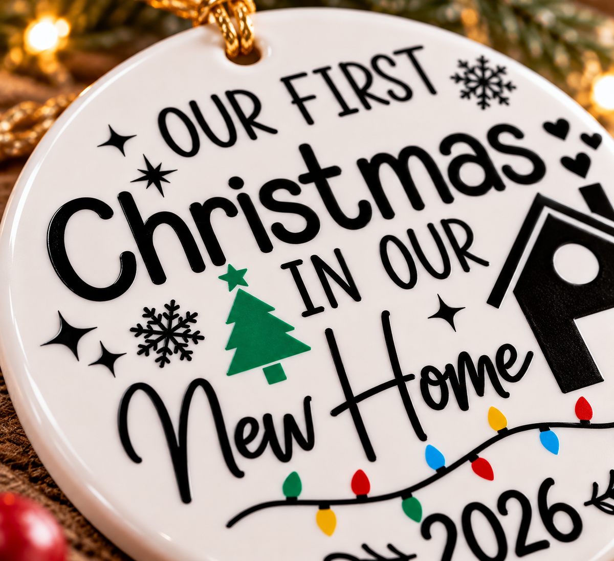 Close-up of Our First Christmas in Our New Home 2026 ceramic ornament showing festive lettering, house design and colourful Christmas lights