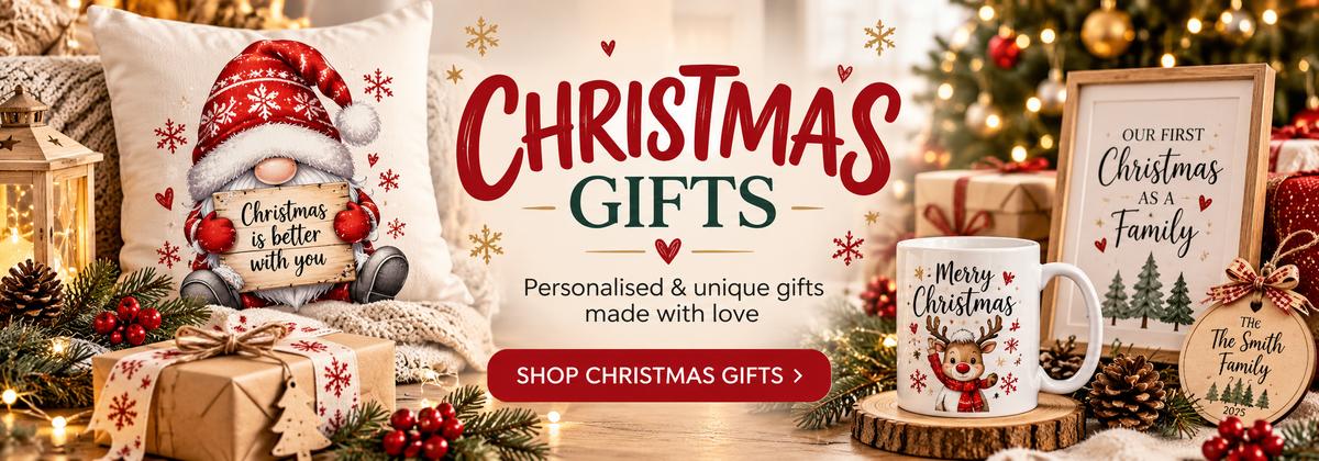 FlamiArt Christmas gifts banner with personalised mugs, festive gifts and decorations