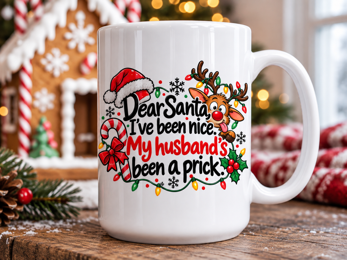 Large 15 oz funny Christmas ceramic mug with Dear Santa my husband's been a prick quote and colourful reindeer design