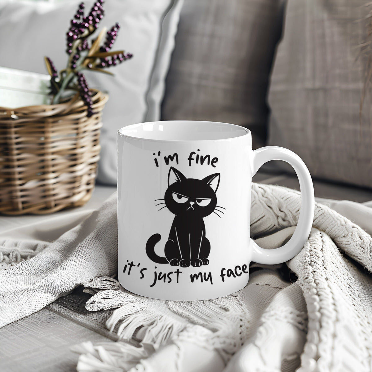 White mug with black cat design and text I'm Fine It's Just My Face