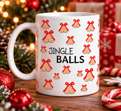 Jingle Balls funny Christmas mug with cheeky festive design, red bows and humorous slogan