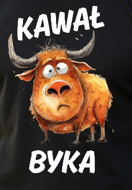 Close-up of the Kawał Byka print on a men's cotton T-shirt