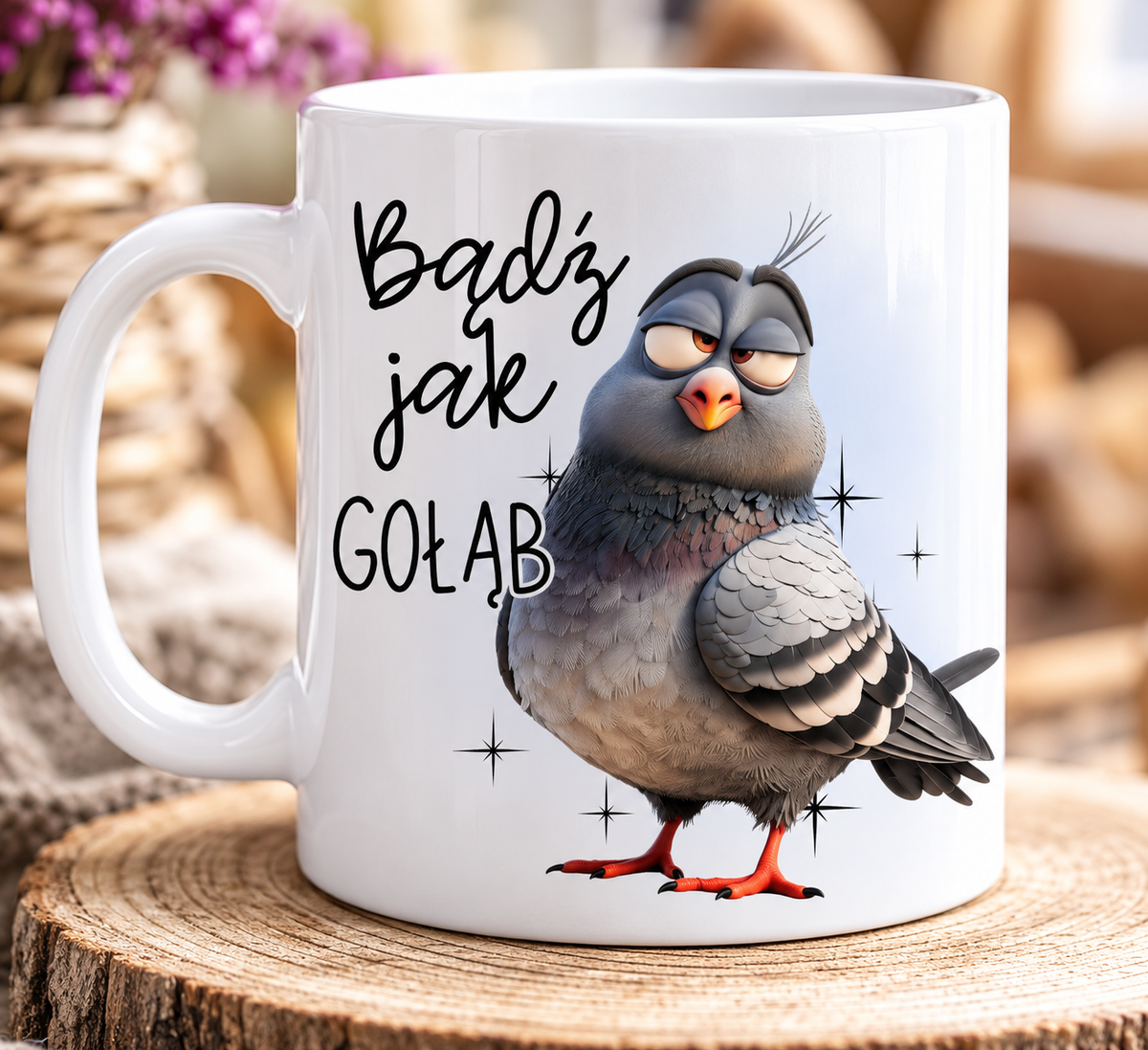 Zbliżenie nadruku Bądź jak gołąb na białym kubku