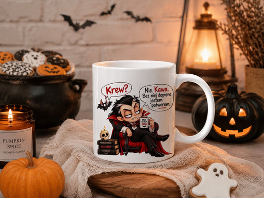 Kubek Halloween z wampirem i napisem Krew? Nie. Kawa.