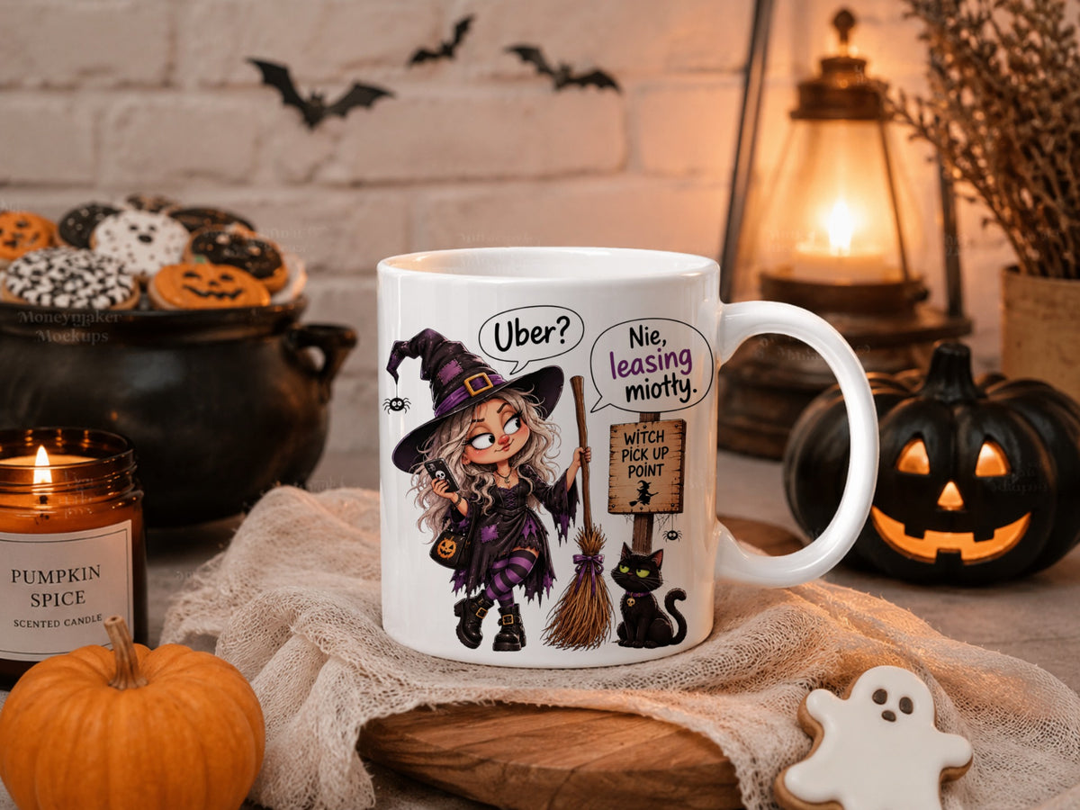 Kubek Halloween z czarownicą i napisem Uber? Nie, leasing miotły
