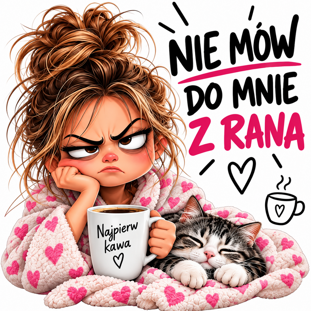 Zbliżenie grafiki Nie mów do mnie z rana z kobietą, kotem i kawą