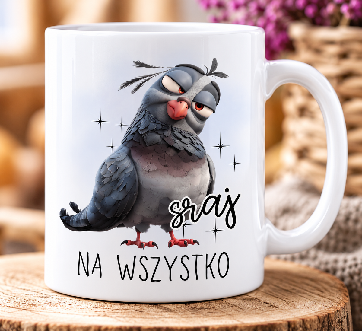 Zbliżenie nadruku sraj na wszystko z gołębiem na białym kubku