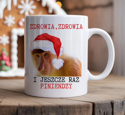 Śmieszny polski kubek świąteczny Zdrowia Zdrowia i Jeszcze Raz Pieniędzy z kotem