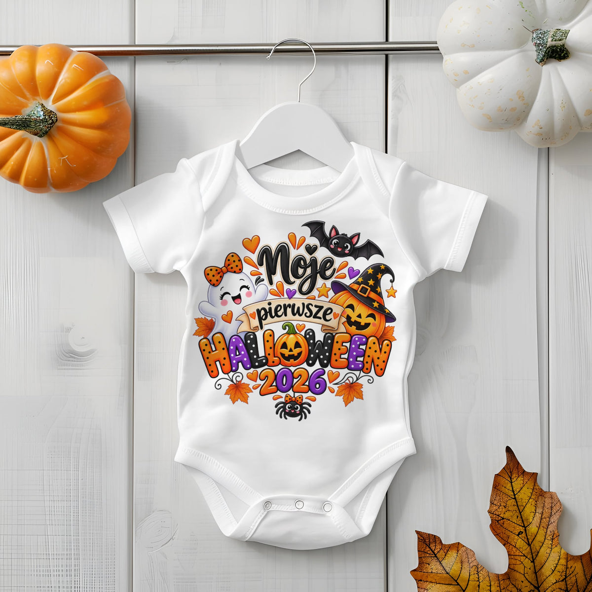 Białe body niemowlęce Moje pierwsze Halloween 2026 z kolorowym halloweenowym nadrukiem
