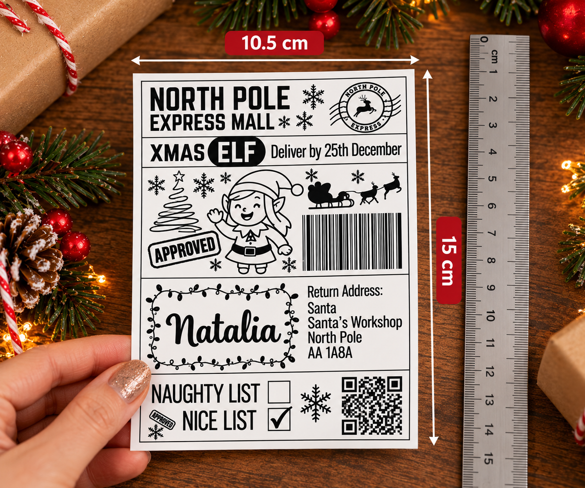 Personalised North Pole Express Christmas gift sticker showing dimensions of 10.5 cm by 15 cm