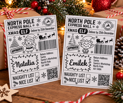 Girl Elf and Boy Elf personalised Christmas gift stickers featuring Natalia and Emilek names