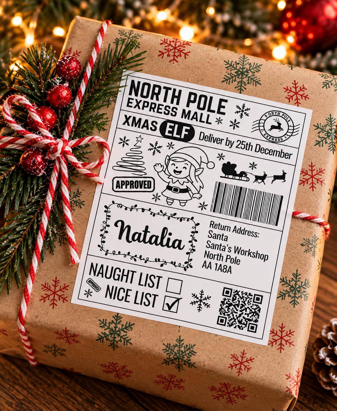 Personalised Girl Elf North Pole Express Christmas sticker with Natalia name on a wrapped present