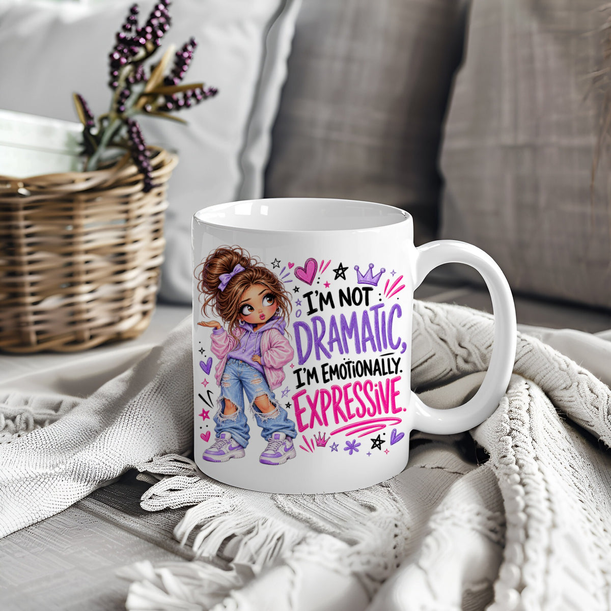White mug with girl design and text I'm Not Dramatic I'm Emotionally Expressive