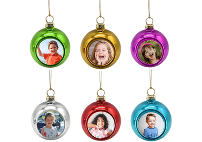 Personalised Christmas baubles with family photos in different colours