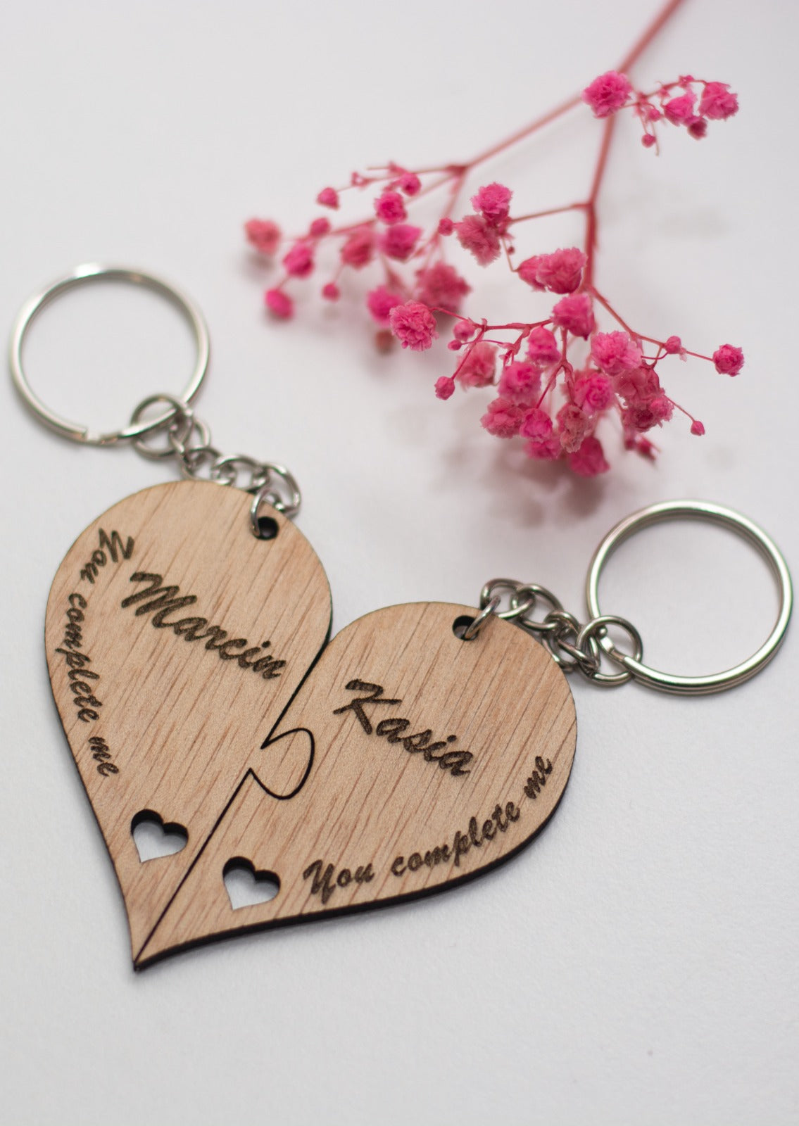 Personalised wooden heart puzzle keyrings for couples
