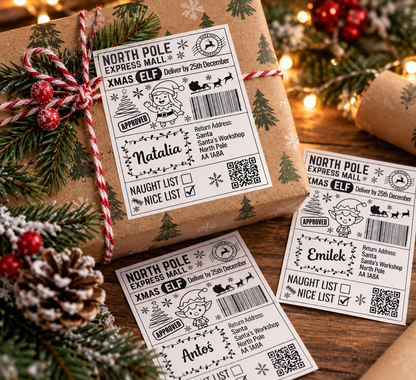 Personalised North Pole Express Christmas gift stickers with girl and boy elf designs on festive gift wrapping