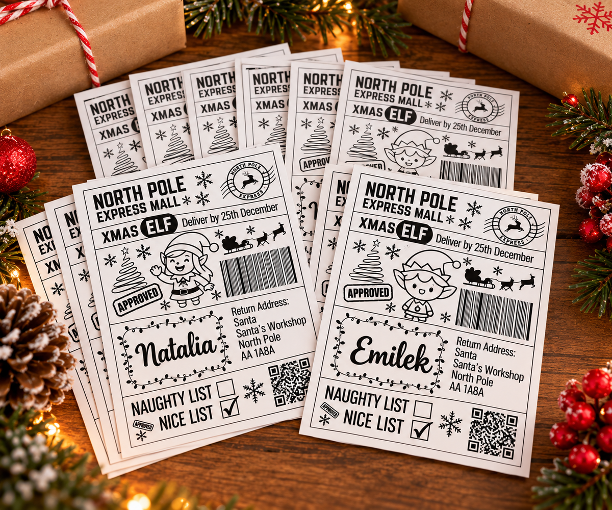 Set of personalised black and white North Pole Express Christmas gift stickers with girl and boy elf designs