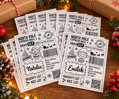 Set of personalised black and white North Pole Express Christmas gift stickers with girl and boy elf designs