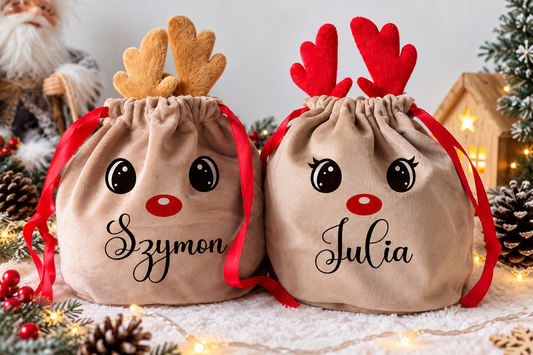 Personalised velvet reindeer Christmas gift bags with Szymon and Julia names, brown and red antlers